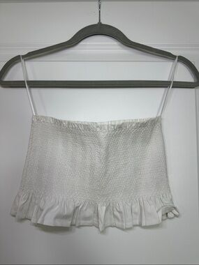 Express White Smocked Ruffle Hem Crop Top